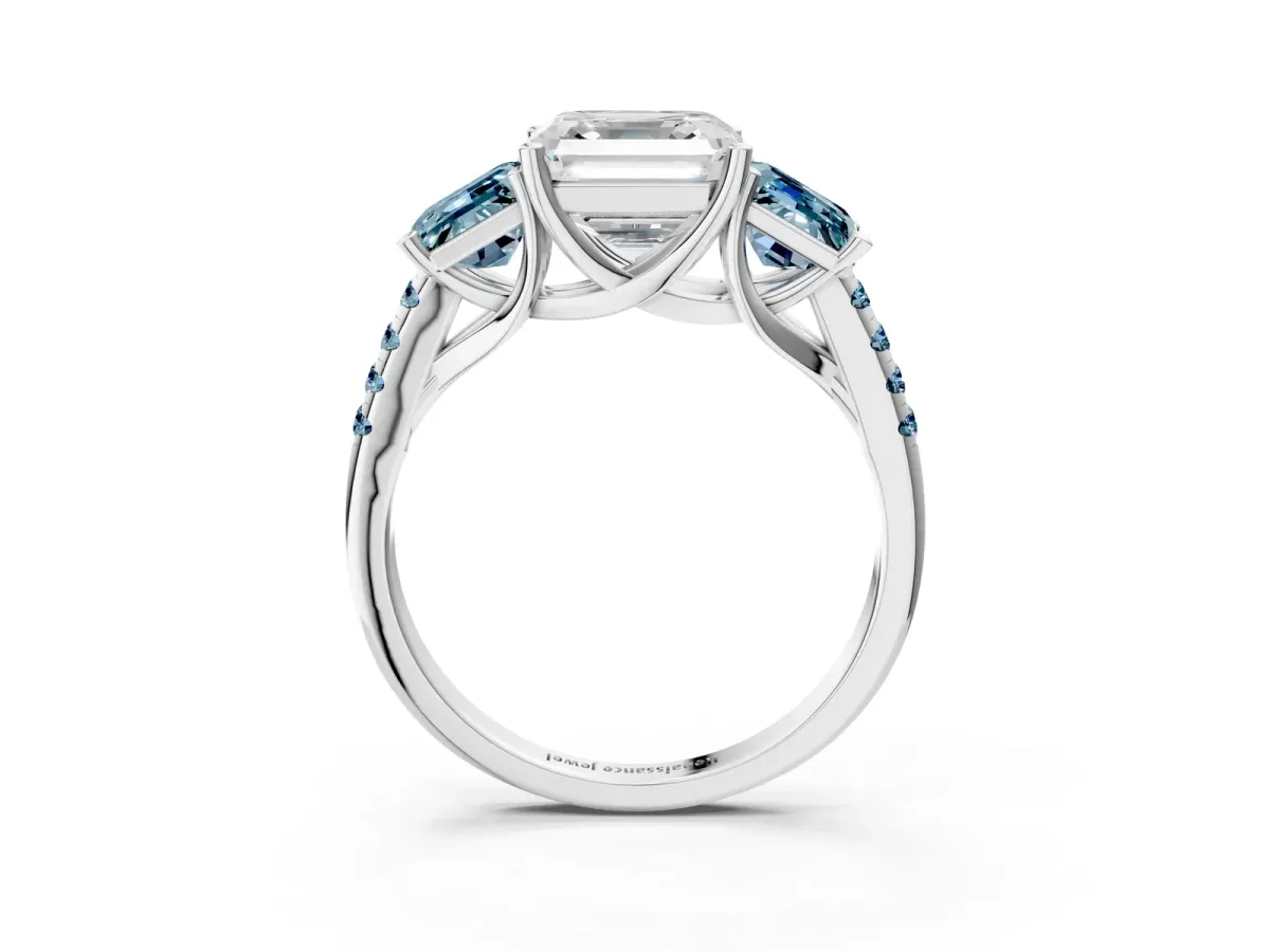 Three-Stone Asscher Cut Diamond Ring with Round Aquamarine Pavé Band and Prong Setting Silver