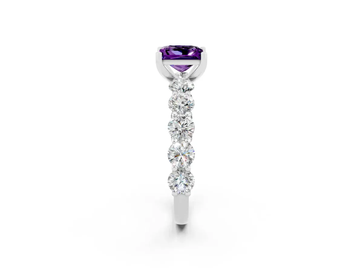 Princess Cut Amethyst Prong Setting with Side Stones on a Pave Band Silver