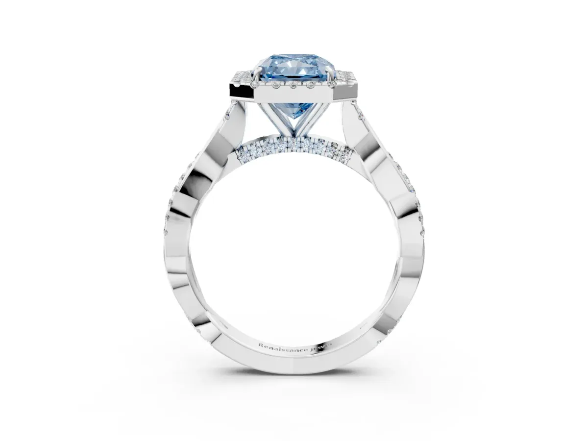 Fancy Blue Radiant Cut Halo Twist Band Solitaire Ring Platinum