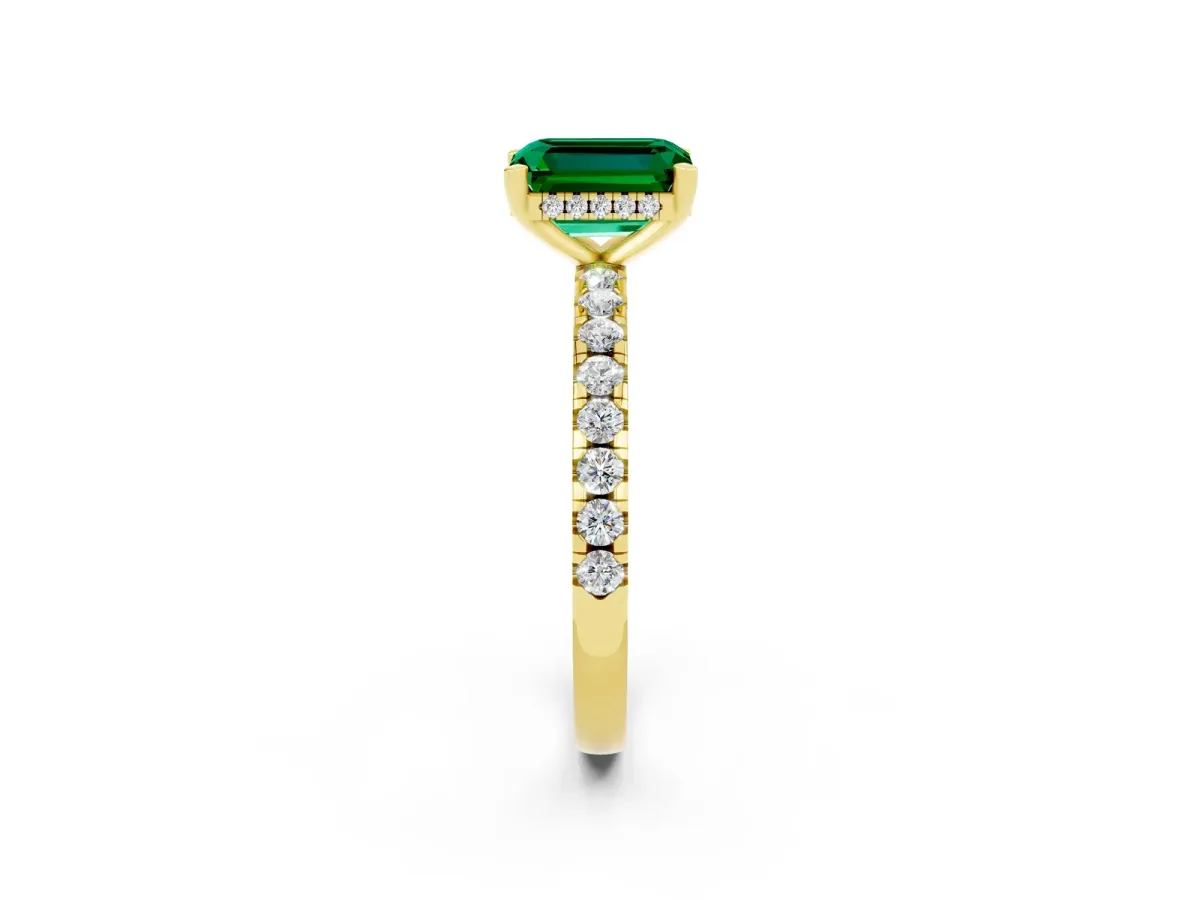 Emerald Cut Emerald Solitaire Ring with Round Pavé Band and Four-Prong Setting Yellow gold