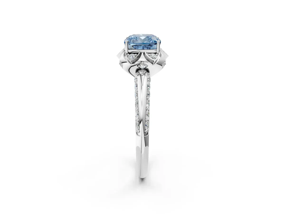 Fancy Blue Cushion Cut Halo Split Shank Pave Diamond Ring with Petal Prong Setting White gold