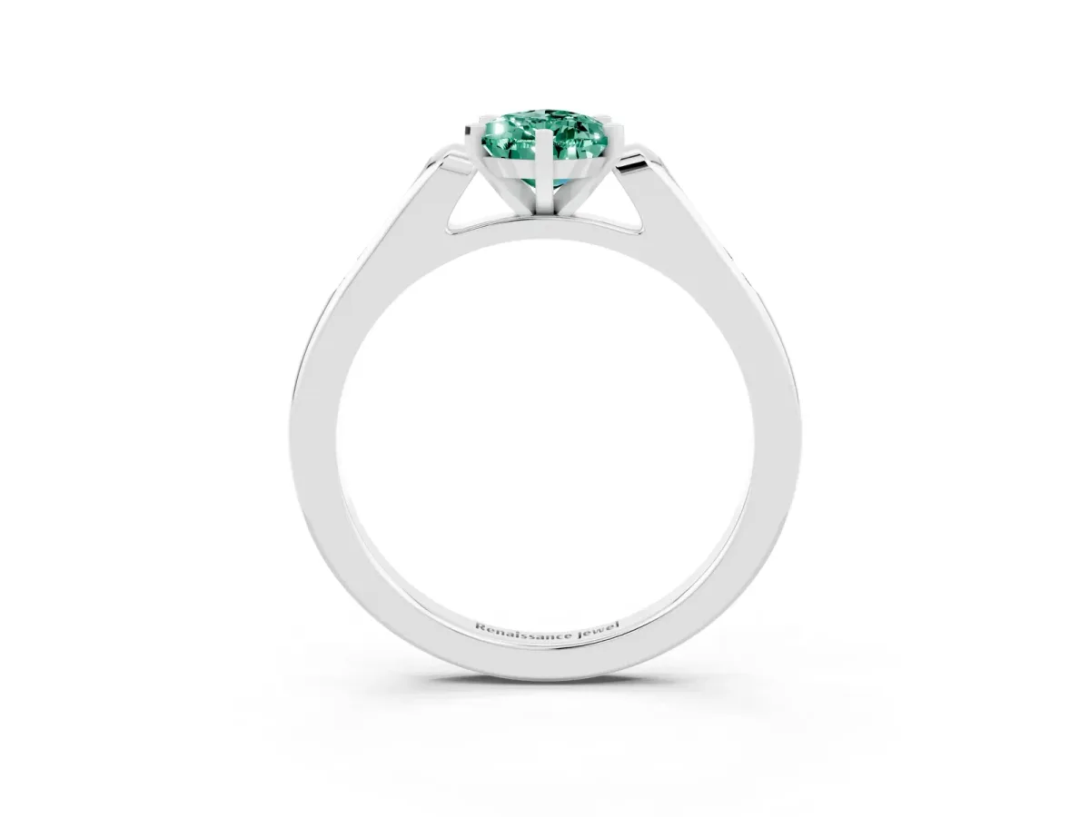 Pear Cut Green Sapphire Solitaire Ring with Channel Set Round Band and Prong Setting Silver