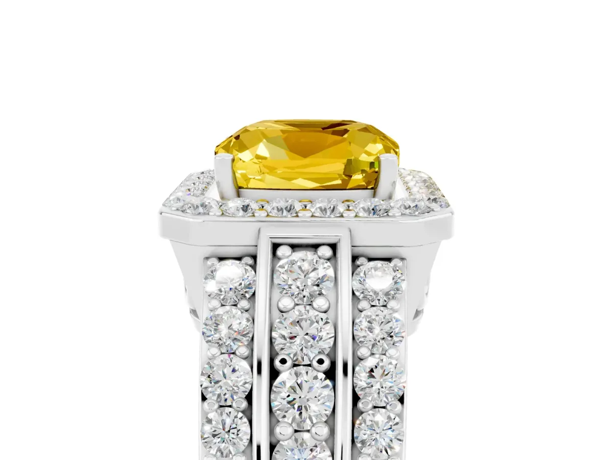 Cushion Cut Halo Yellow Sapphire Ring with Round Split Shank and Prong Setting Silver