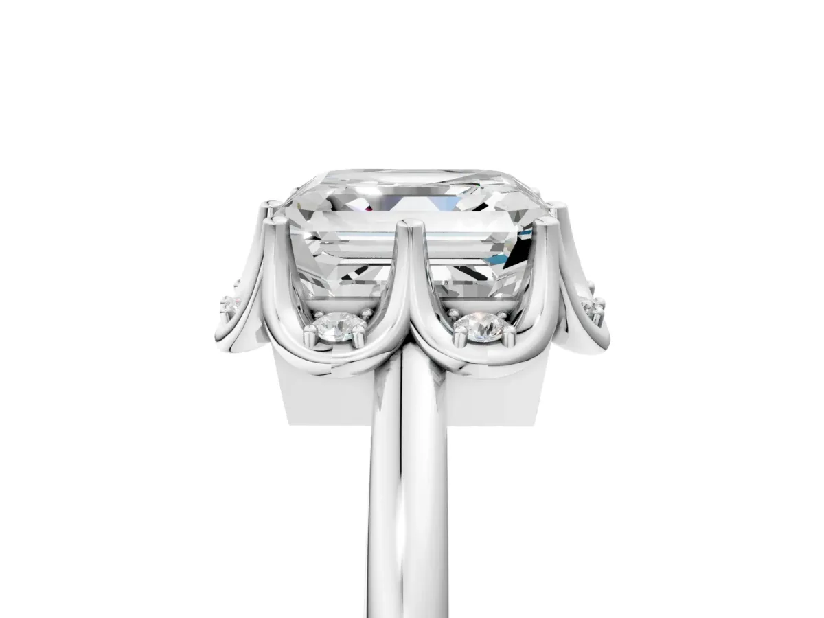 Asscher Cut Halo Diamond Ring with Round Cluster Setting, Solitaire Band, and Four-Prong Setting Platinum