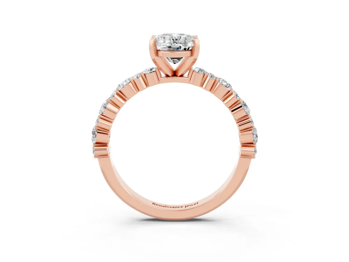 Oval Cut Moissanite Side Stone Solitaire Ring with Round and Four-Prong Setting Rose gold