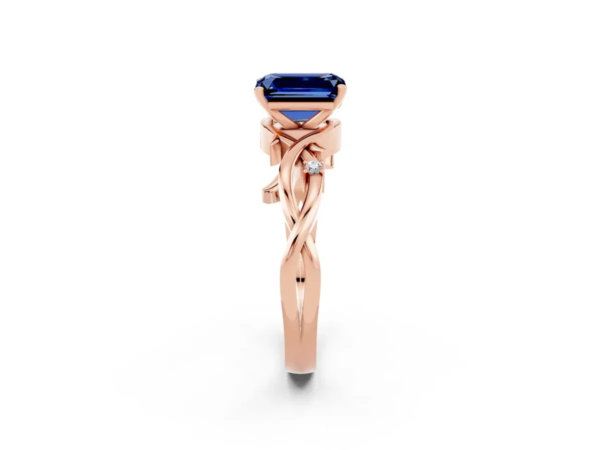 Emerald Cut Blue Sapphire Solitaire Ring with Twisted Band and Prong Setting Rose gold