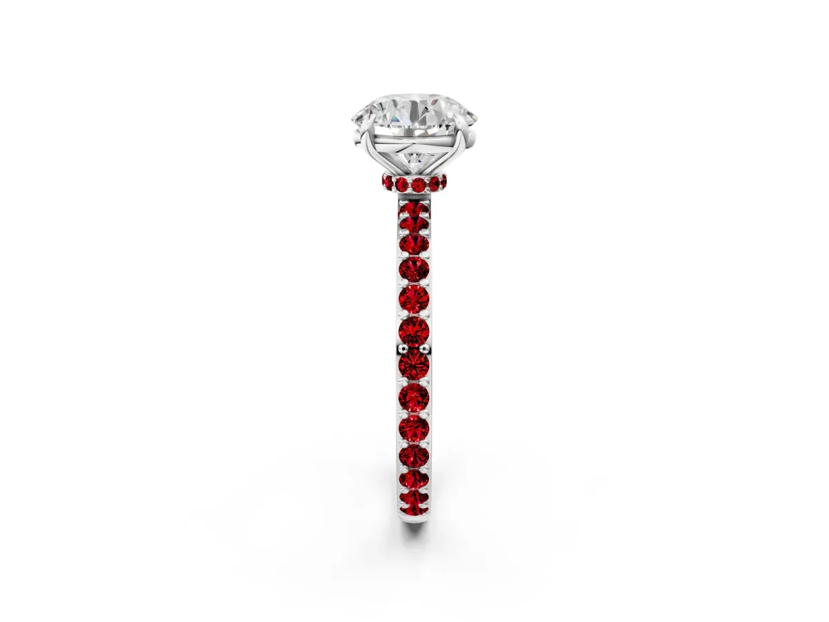 Round Cut Diamond Pavé Engagement Ring with Round Ruby Accents and Prong Setting Silver