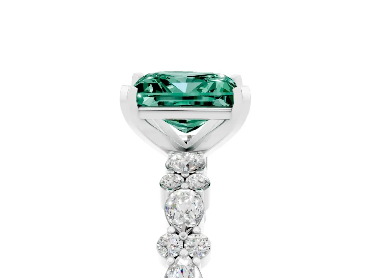 Princess Cut Green Sapphire Side Stone Solitaire Ring with Round and Four-Prong Setting Platinum