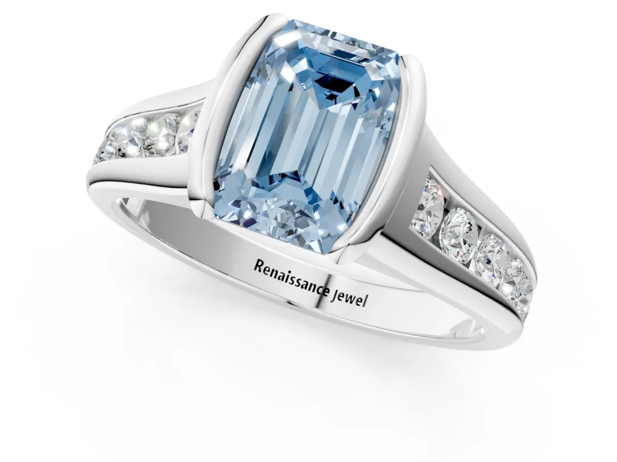 Fancy Blue Emerald Cut Solitaire Bezel-Set Diamond Ring with Channel-Set Band Platinum