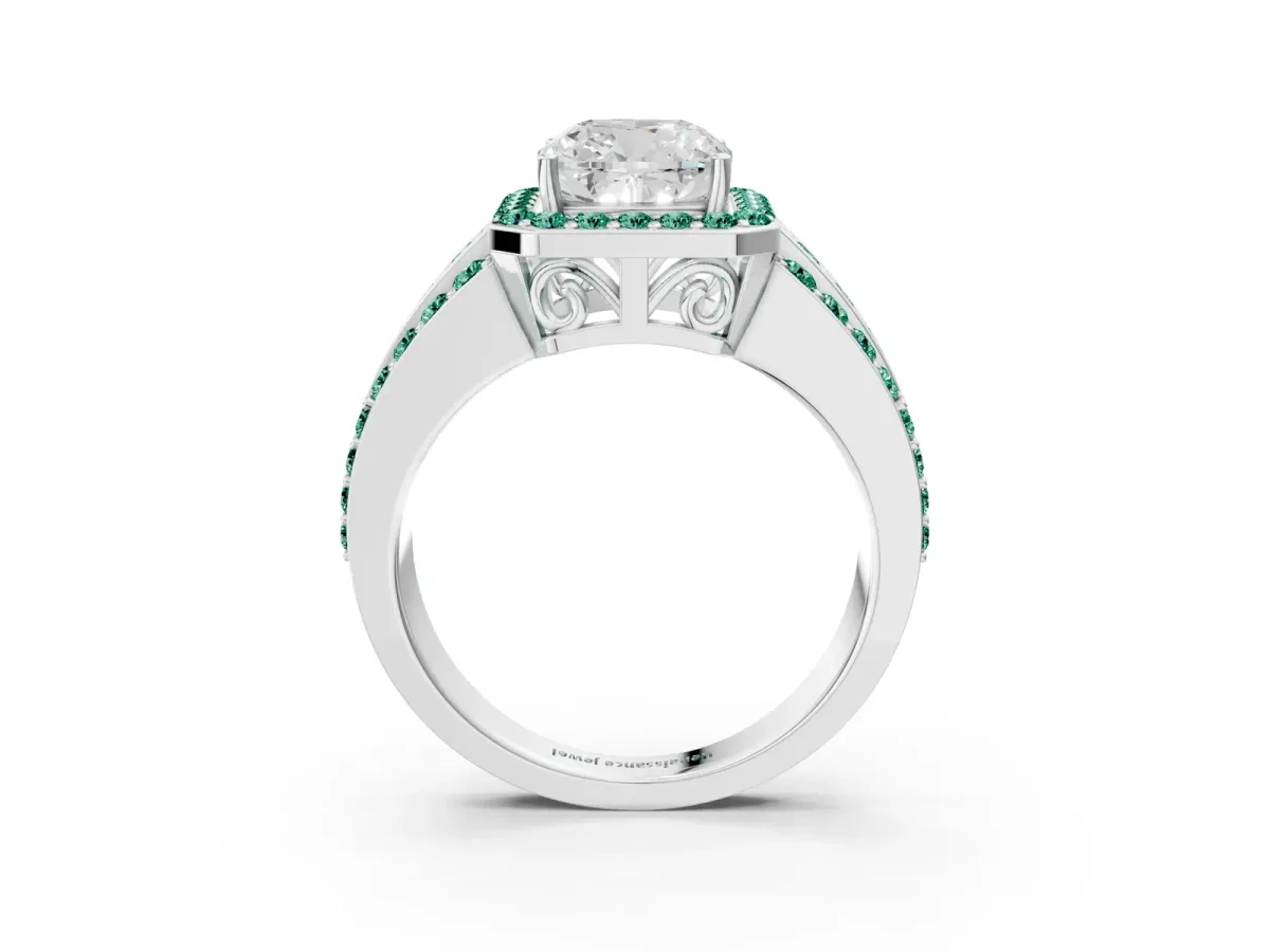 Cushion Cut Halo Diamond Ring with Round Green Sapphire Split Shank and Prong Setting Silver