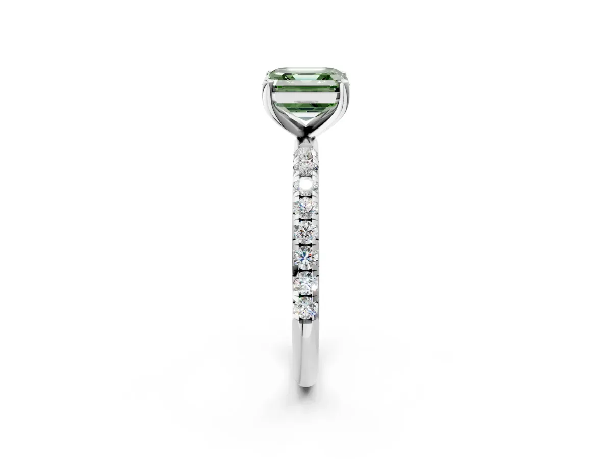 Fancy Green Asscher Cut Cut Diamond Solitaire Ring with Micro Pave Band and Four Prong Setting Platinum