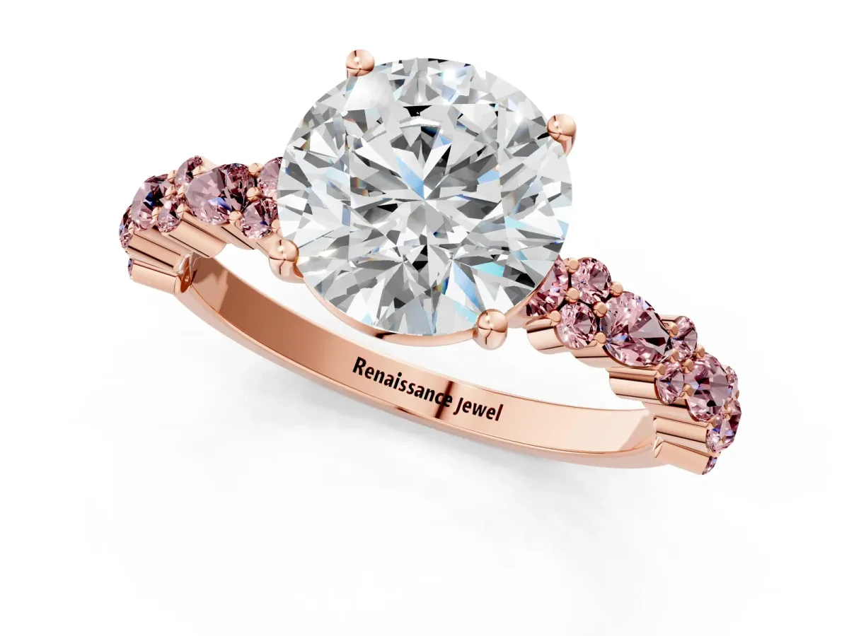 Round Cut Diamond Side Stone Solitaire Ring with Round Morganite and Four-Prong Setting Rose gold