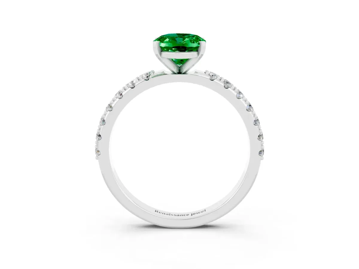 Oval Cut Emerald Solitaire Pavé Band with Four-Prong Setting Platinum
