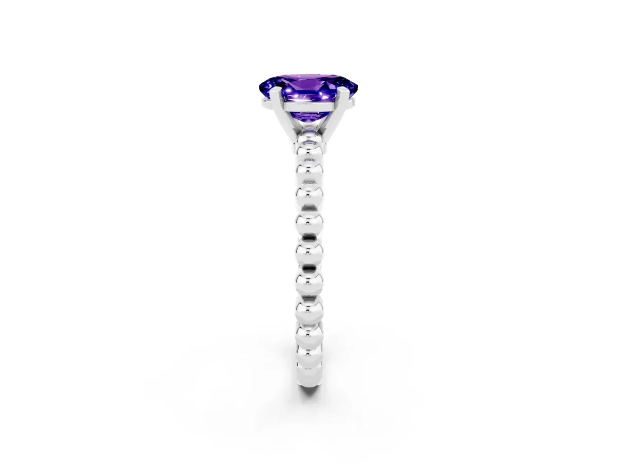 Oval Cut Tanzanite Solitaire Ring with Beaded Band and Prong Setting Platinum