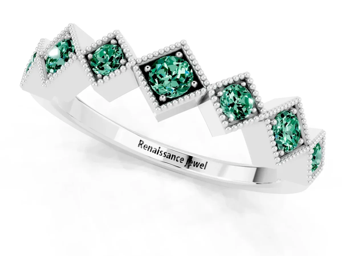 Milgrain Square Bezel Round Green Sapphire Chevron Band Platinum