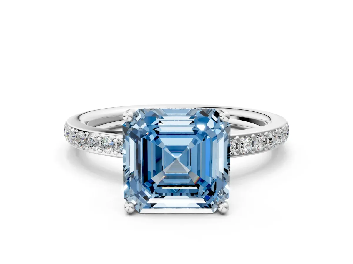 Fancy Blue Asscher Cut Cut Diamond Pavé Band Ring with Four-Prong Setting Platinum