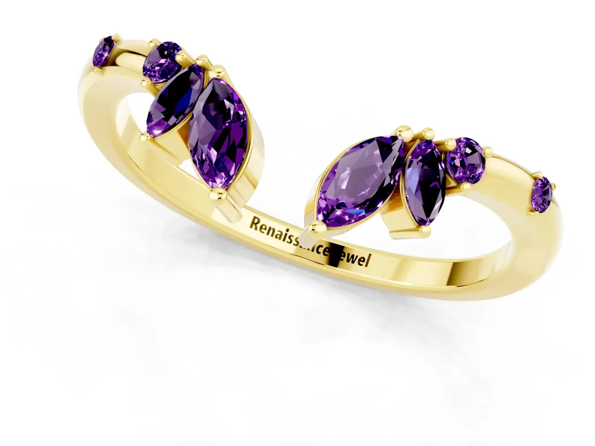 Open Marquise Cluster Amethyst Band with Prong Setting Yellow gold