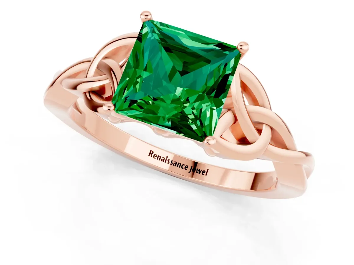 Princess Cut Emerald Solitaire Celtic Knot Ring with Four-Prong Setting Rose gold
