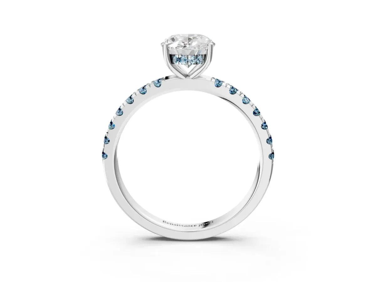 Oval Cut Diamond Pave Band Solitaire Ring with Round Aquamarine and Prong Setting Silver