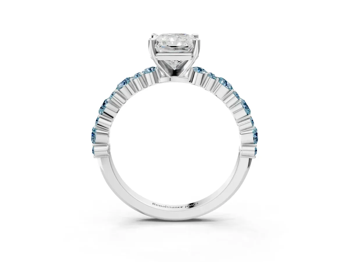 Radiant Cut Diamond Side Stone Solitaire Ring with Round Aquamarine and Four-Prong Setting Silver