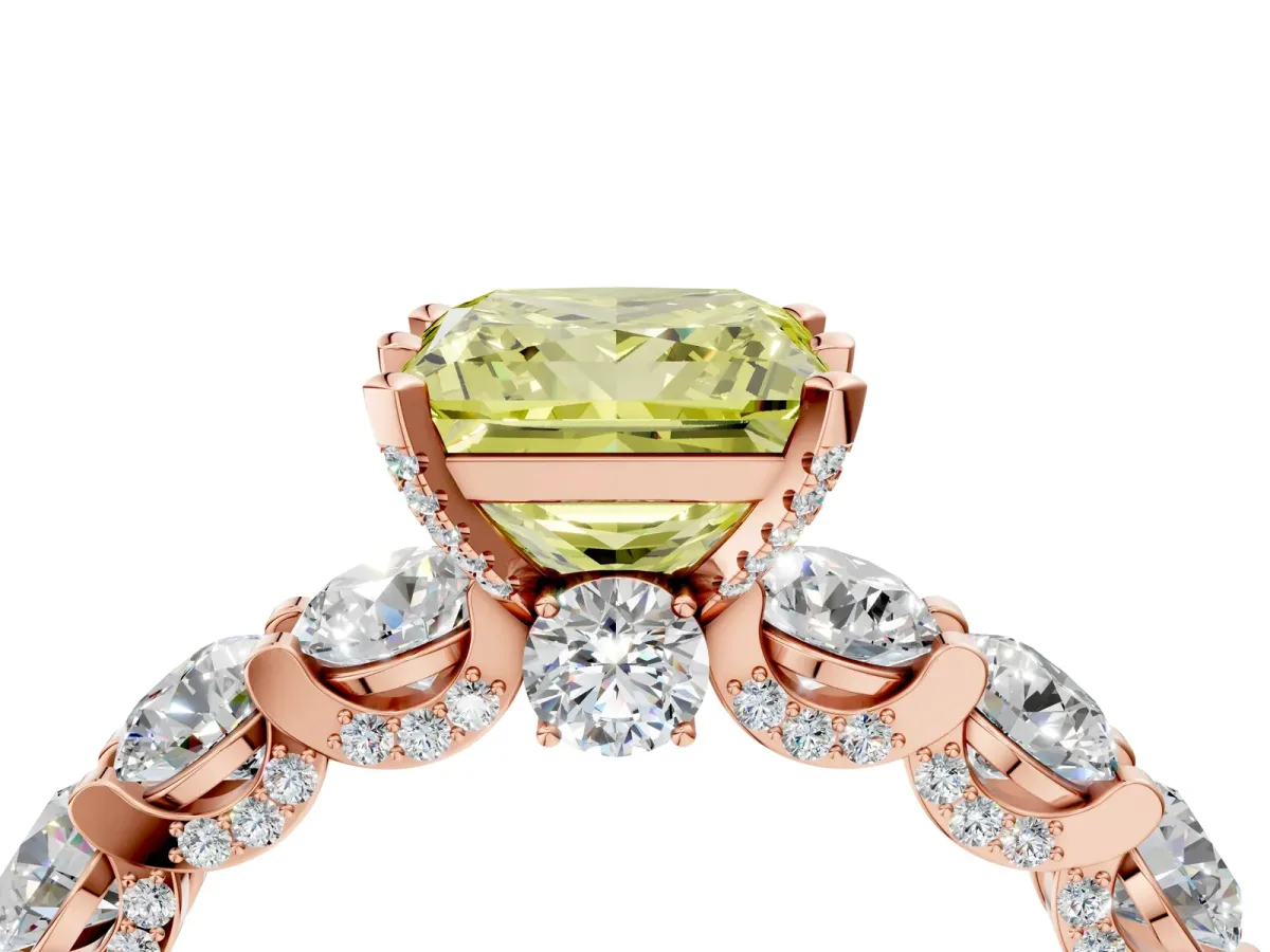 Fancy Yellow Princess Cut Diamond Side Stone Engagement Ring with Four-Prong Setting Rose gold