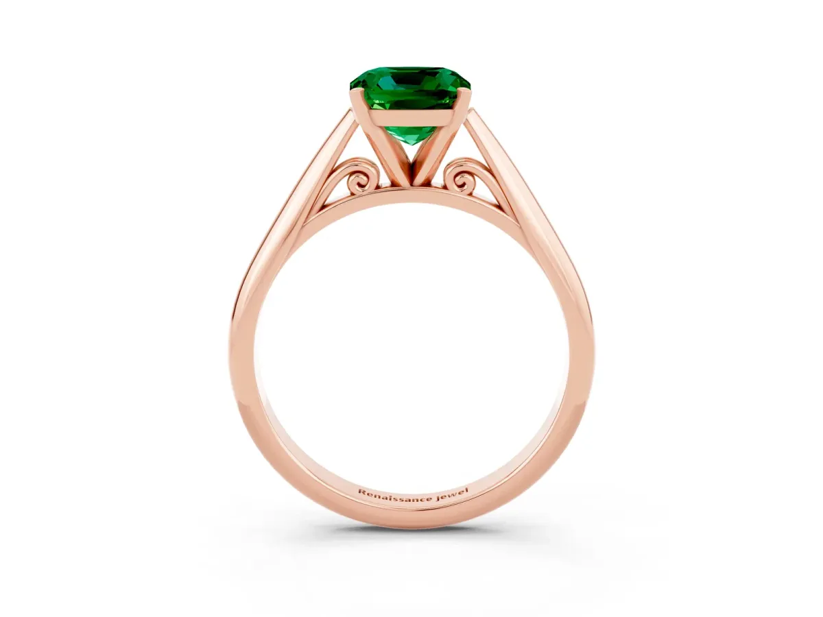 Cushion Cut Emerald Solitaire Engagement Ring with Cathedral Setting and Four-Prong Mount Rose gold