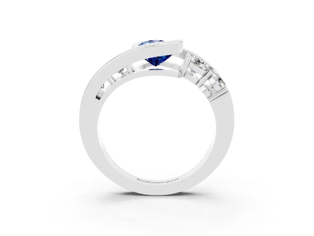Bezel Set Pear Cut Blue Sapphire Bypass Ring with Round Accents Silver