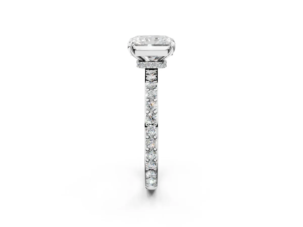 Radiant Cut Diamond Solitaire Engagement Ring with Pavé Band and Four-Prong Setting Silver