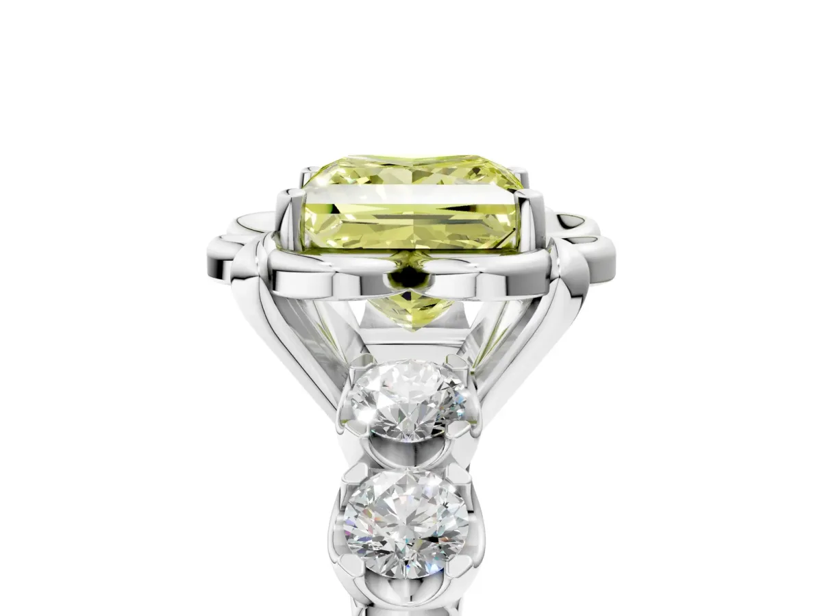 Fancy Yellow Princess Cut Cut Diamond Floral Halo Engagement Ring with Shared Prong Setting Silver