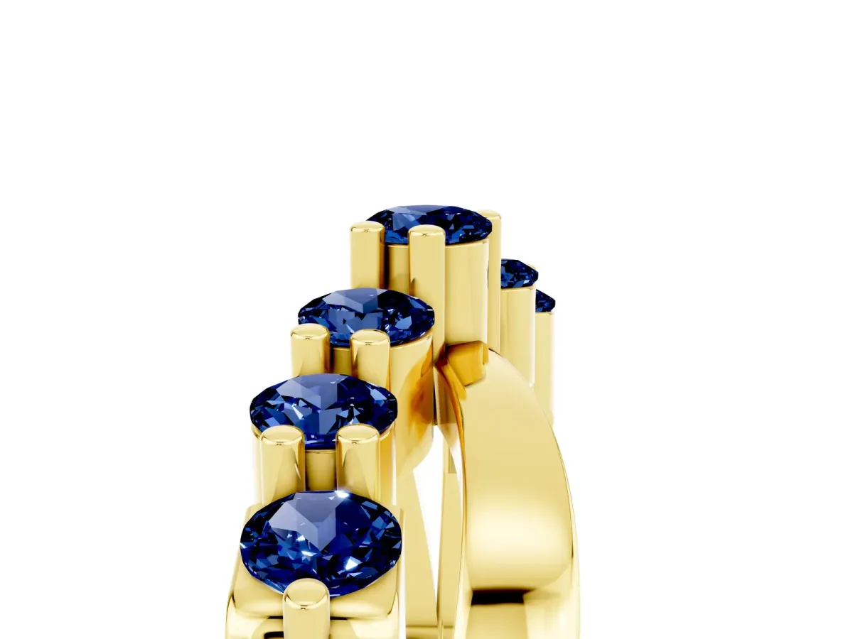 Round Blue Sapphire Prong-Set Crossover Band Yellow gold