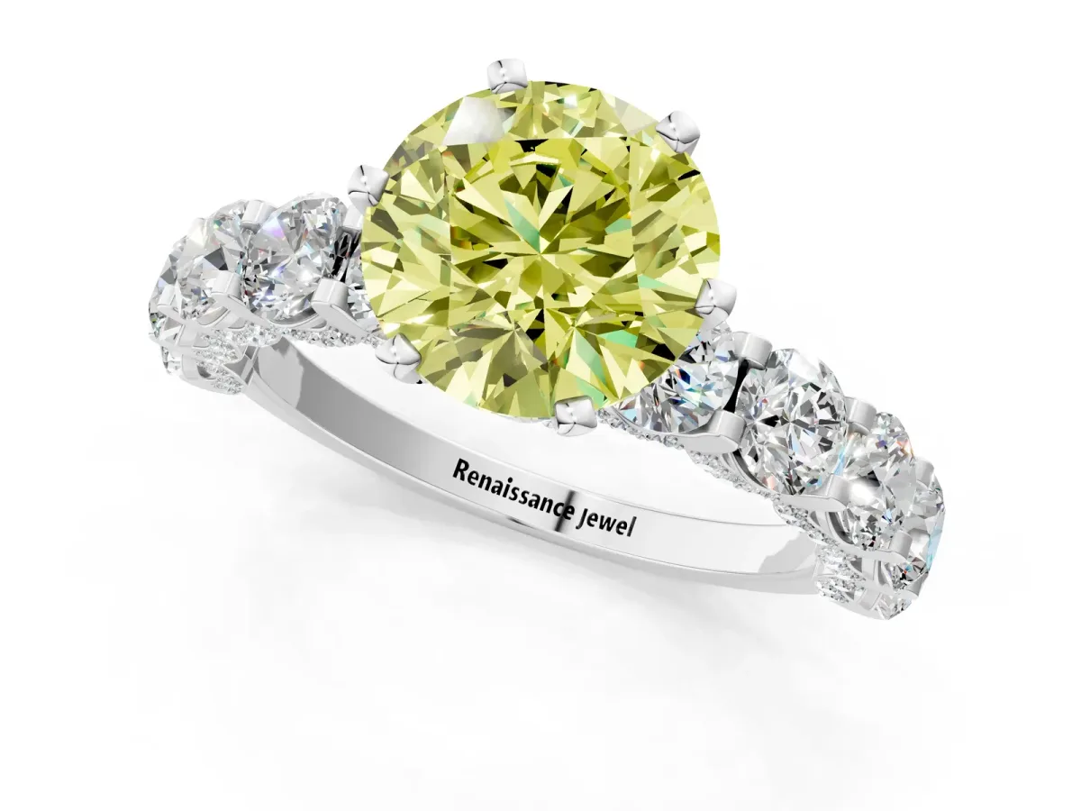 Fancy Yellow Round Cut Diamond Side Stone Engagement Ring with Four-Prong Setting Silver