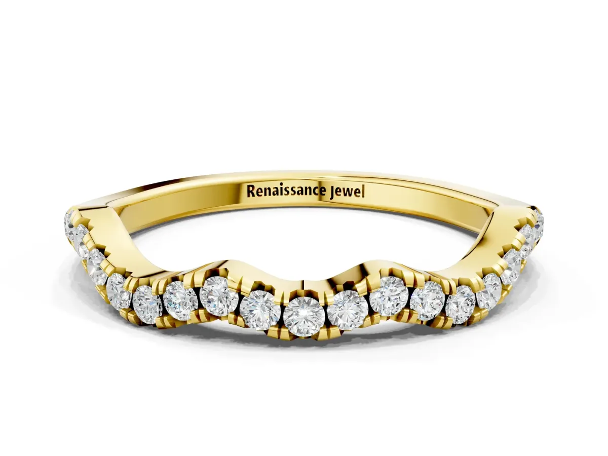 Round Diamond Scalloped Pavé Wedding Band with Shared Prong Setting Yellow gold
