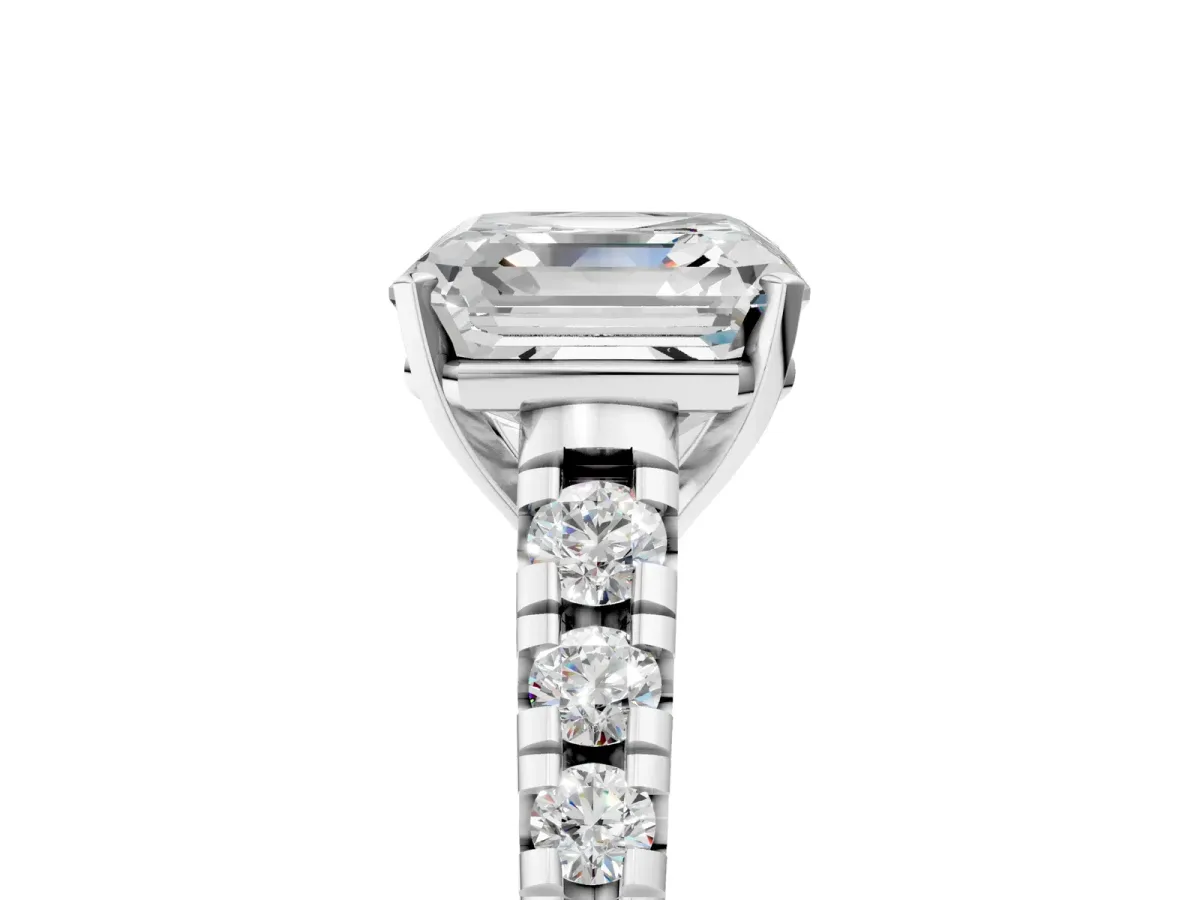 Asscher Cut Diamond Cathedral Solitaire Ring with Round Moissanite Pavé Band Silver