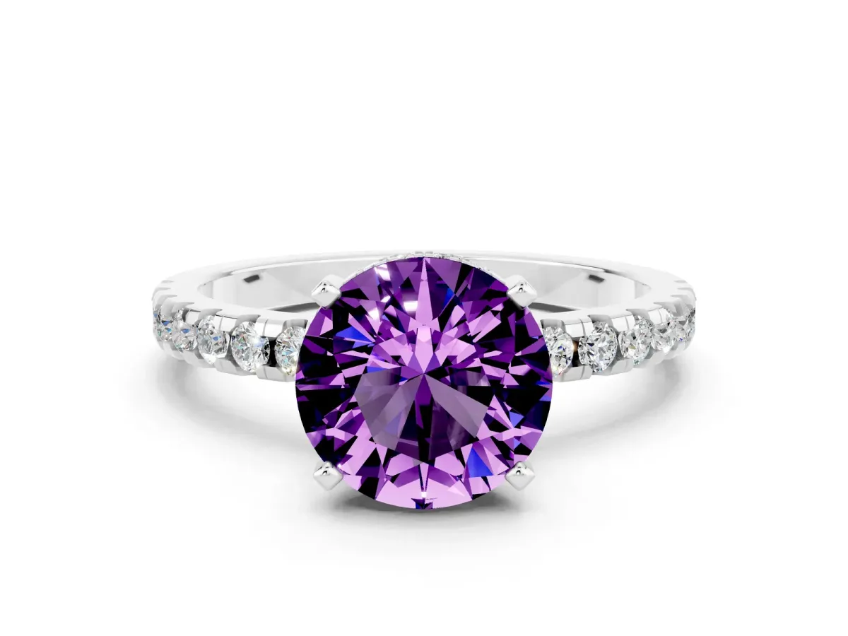 Round Cut Amethyst Solitaire Ring with Round Pavé Band and Four-Prong Setting Silver