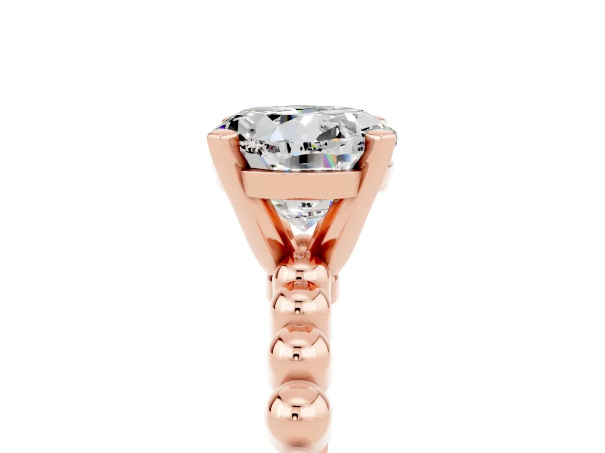 Round Cut Moissanite Solitaire Ring with Beaded Band and Prong Setting Rose gold