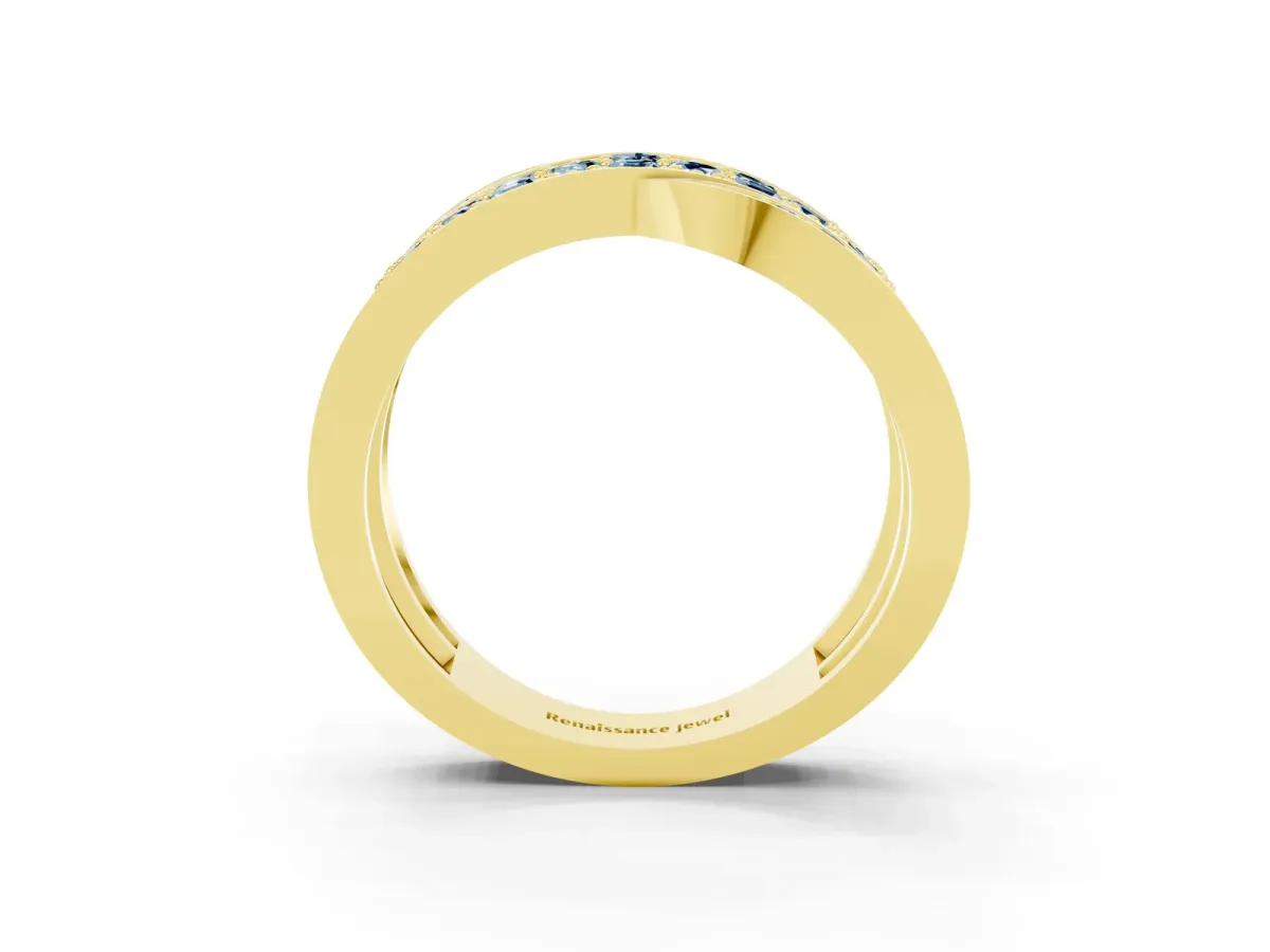 Pavé Round Aquamarine Crossover Band with Bead Prong Setting Yellow gold
