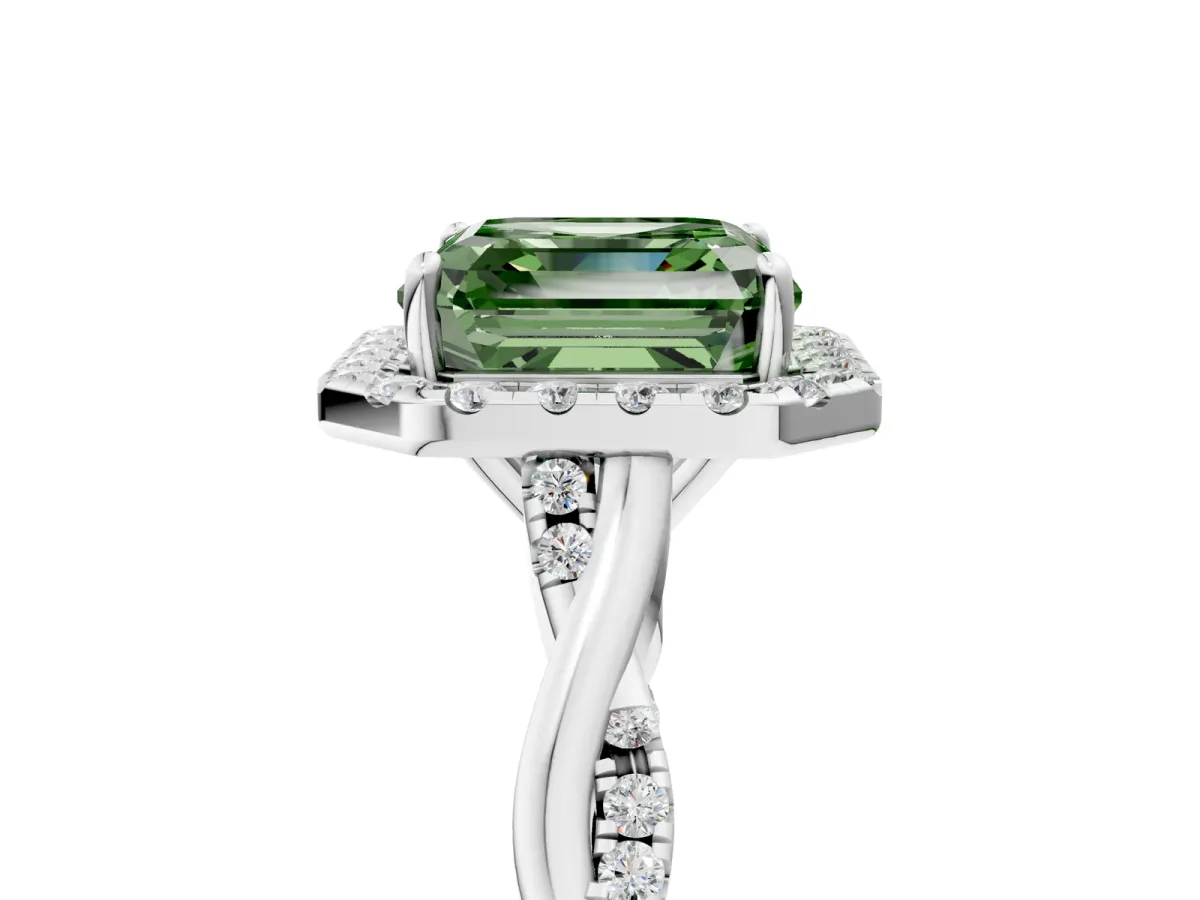 Fancy Green Asscher Cut Halo Twist Band Solitaire Ring Platinum