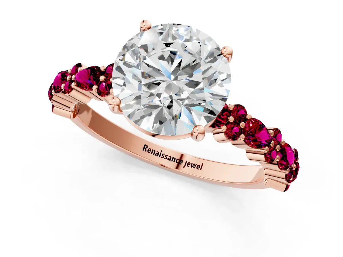 Round Cut Diamond Side Stone Solitaire Ring with Round Garnet and Four-Prong Setting Rose gold