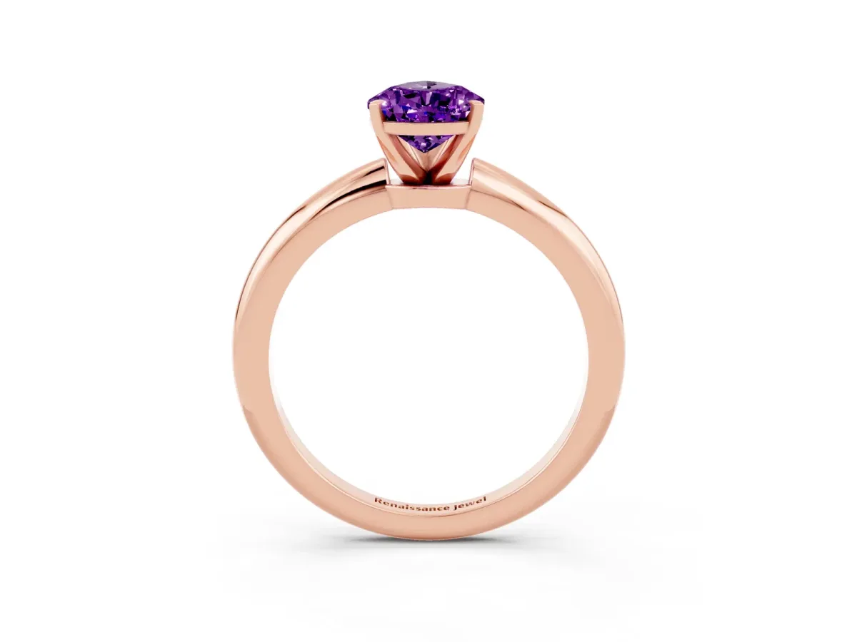 Pear Cut Amethyst Solitaire Ring with Six-Prong Setting and Classic Band Rose gold
