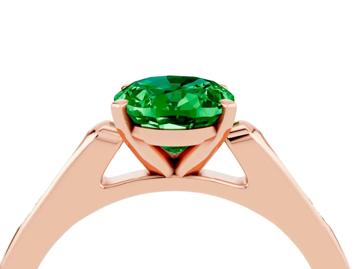 Oval Cut Emerald Solitaire Ring with Channel Set Round Band and Prong Setting Rose gold
