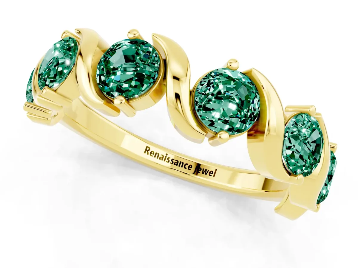 Round Green Sapphire Half Eternity Band with Wave Prong Setting Yellow gold