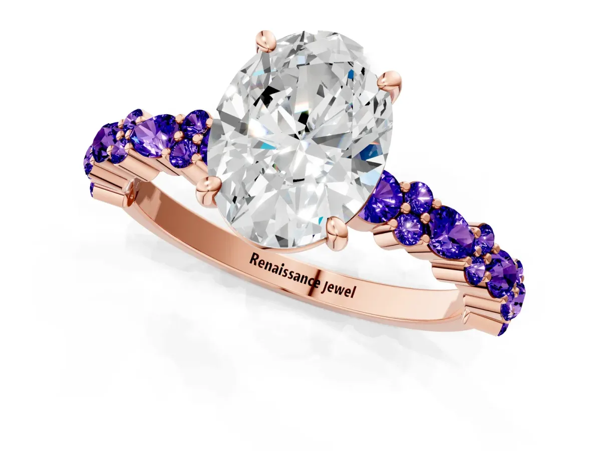 Oval Cut Diamond Side Stone Solitaire Ring with Round Tanzanite and Four-Prong Setting Rose gold