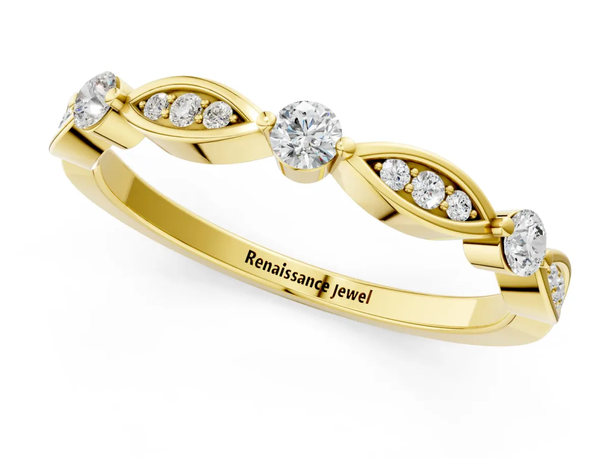 Marquise and Round Diamond Milgrain Band with Bezel Setting Yellow gold
