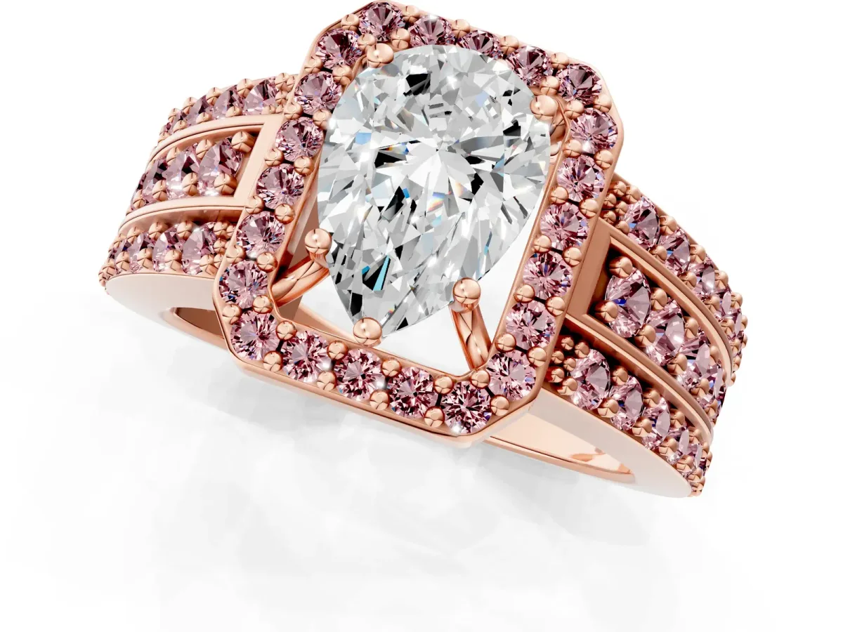 Pear Cut Halo Diamond Ring with Round Morganite Split Shank and Prong Setting Rose gold