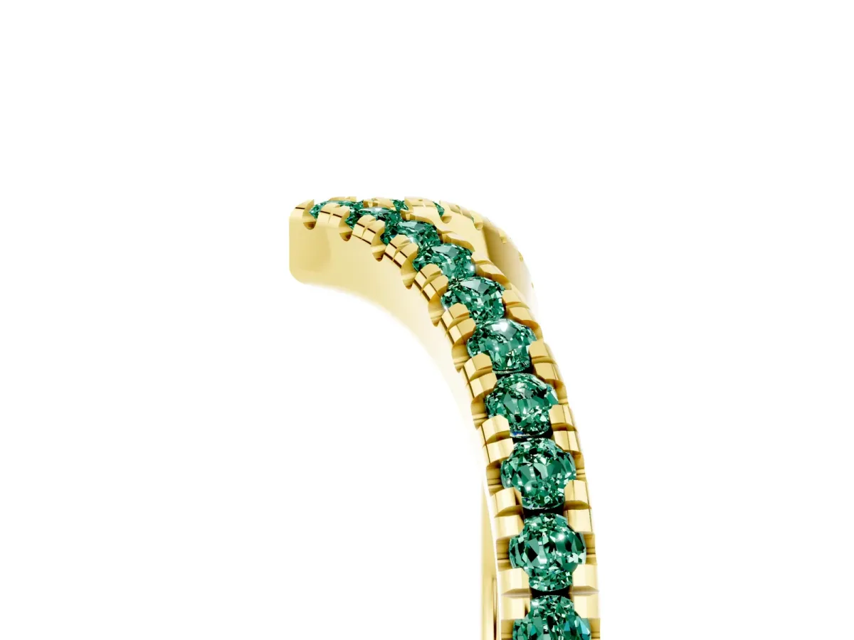 Pavé Round Green Sapphire V-Shaped Chevron Band with Shared Prong Setting Yellow gold