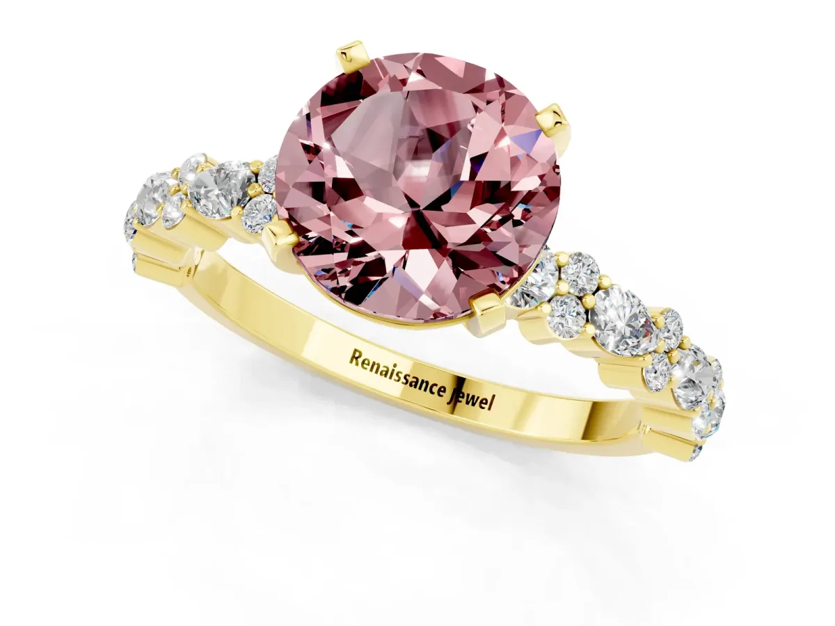 Round Cut Morganite Side Stone Solitaire Ring with Round and Four-Prong Setting Yellow gold