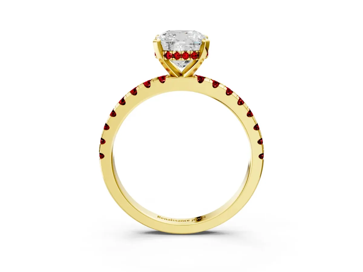 Cushion Cut Diamond Solitaire Ring with Round Ruby Pavé Band and Four-Prong Setting Yellow gold