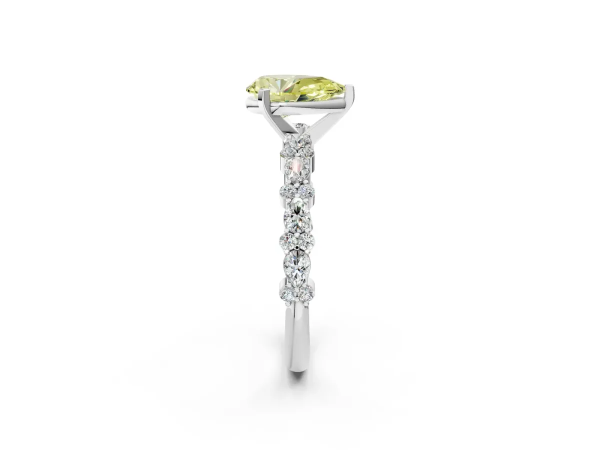 Fancy Yellow Pear Cut Diamond Side Stone Solitaire Ring with Round and Four-Prong Setting White gold