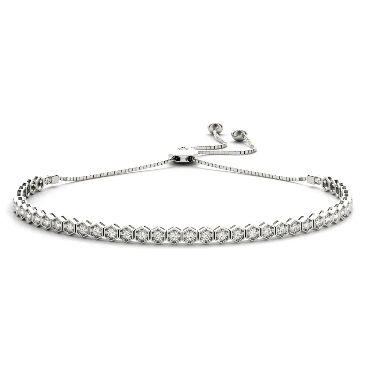 Hexagon Diamond Box Chain Slider Bracelet with Bezel Setting White gold