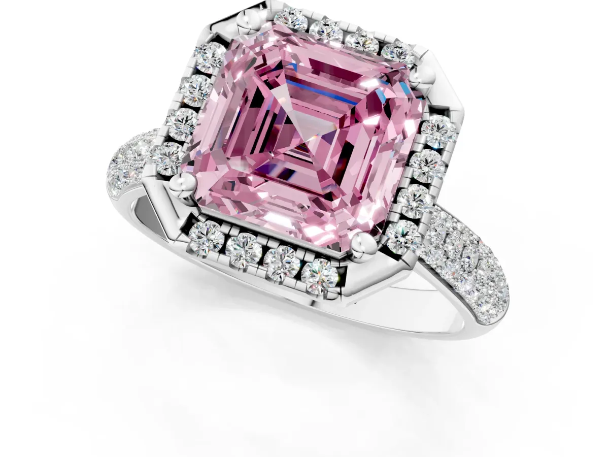 Fancy Pink Asscher Cut Cut Halo Pave Band Four-Prong Setting Ring Platinum